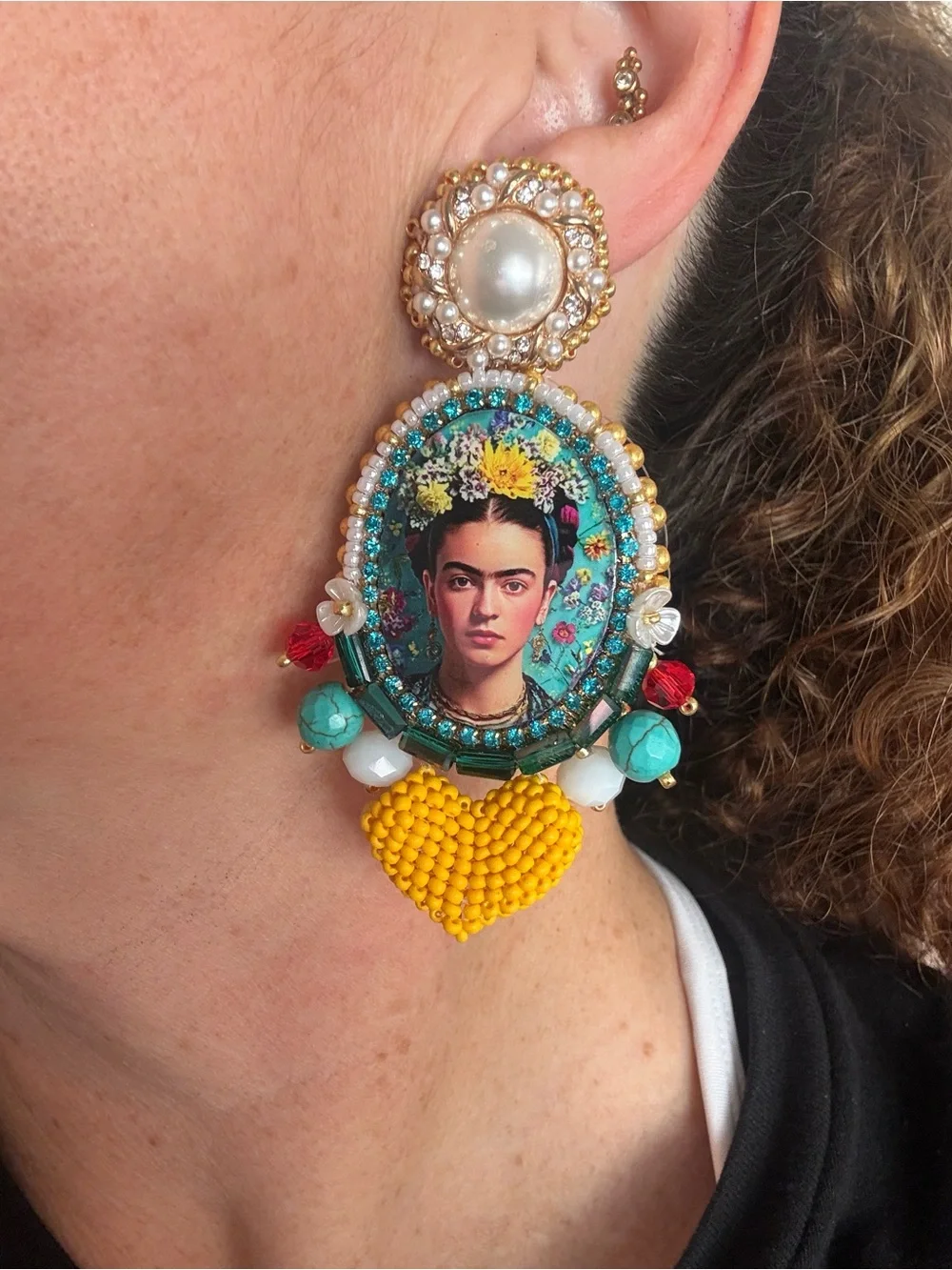 Handcrafted Yellow & Turquoise Frida Kahlo Statement Earrings